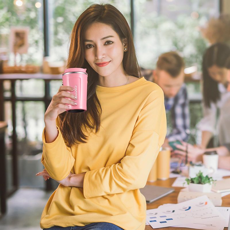 Stainless Steel Coffee Cup 380ml Vacuum Insulated Coffee Travel Mug, Leak proof Double Wall Stainless Steel Reusable Cup with Lid, Thermal Tumbler for Hot Cold Drinks, Flask Insulated Cup Water Bottle