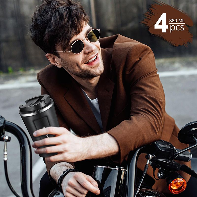 Stainless Steel Coffee Cup 380ml Vacuum Insulated Coffee Travel Mug, Leak proof Double Wall Stainless Steel Reusable Cup with Lid, Thermal Tumbler for Hot Cold Drinks, Flask Insulated Cup Water Bottle