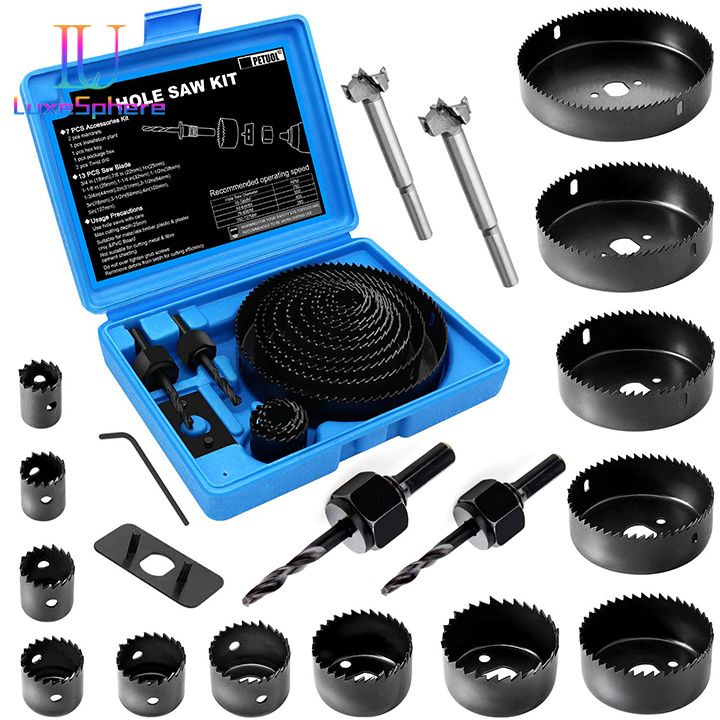 Hole Saw Set, 21PCS Hole Saw Kit Drilling Tool with 3/4" to 5" (19mm-127mm) 13Pcs Saw Blades, Mandrels, Installation Plate, Drill Bits, Hex Key , Ideal for Soft Wood, Plywood, Drywall, PVC Board