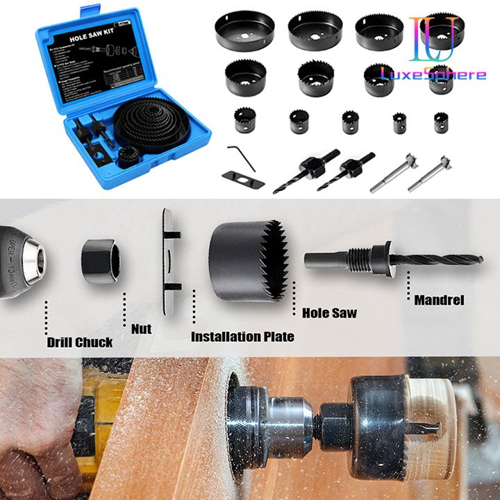 Hole Saw Set, 21PCS Hole Saw Kit Drilling Tool with 3/4" to 5" (19mm-127mm) 13Pcs Saw Blades, Mandrels, Installation Plate, Drill Bits, Hex Key , Ideal for Soft Wood, Plywood, Drywall, PVC Board