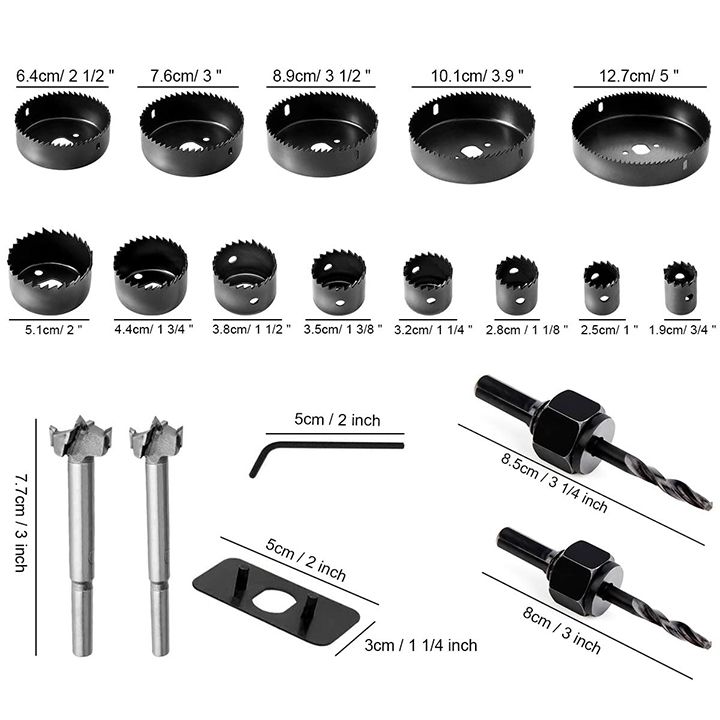 Hole Saw Set, 21PCS Hole Saw Kit Drilling Tool with 3/4" to 5" (19mm-127mm) 13Pcs Saw Blades, Mandrels, Installation Plate, Drill Bits, Hex Key , Ideal for Soft Wood, Plywood, Drywall, PVC Board