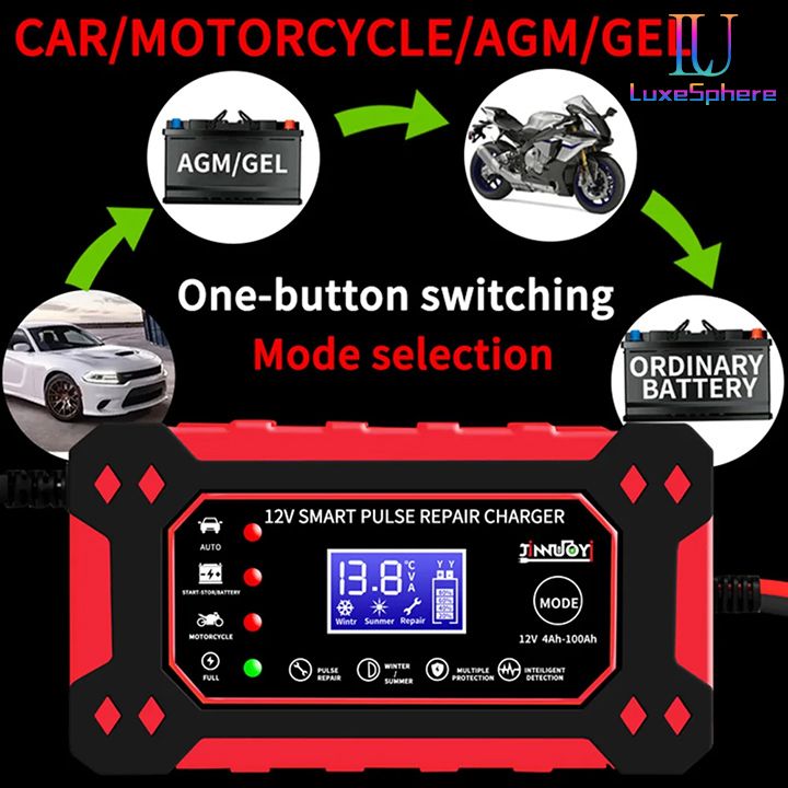 New Car Battery Charger Fully Automatic Intelligent Pulse Car Motorcycle Ship Battery Charger 6A 12V Pulse Repair LCD Display Smart Fast Charge AGM Deep Cycle GEL Lead-Acid Charger Fast Charging