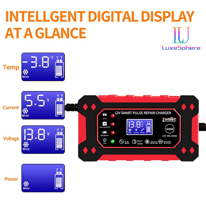 New Car Battery Charger Fully Automatic Intelligent Pulse Car Motorcycle Ship Battery Charger 6A 12V Pulse Repair LCD Display Smart Fast Charge AGM Deep Cycle GEL Lead-Acid Charger Fast Charging
