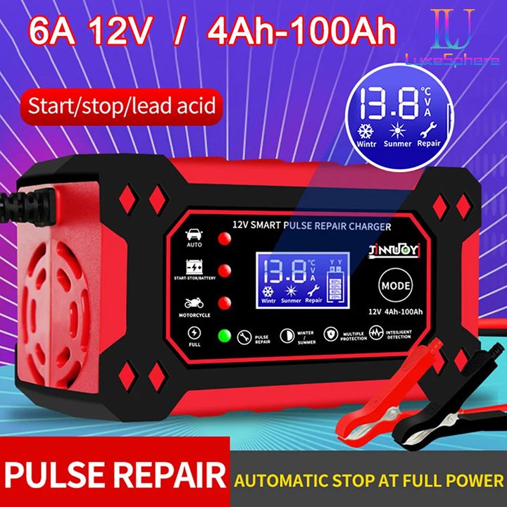 New Car Battery Charger Fully Automatic Intelligent Pulse Car Motorcycle Ship Battery Charger 6A 12V Pulse Repair LCD Display Smart Fast Charge AGM Deep Cycle GEL Lead-Acid Charger Fast Charging