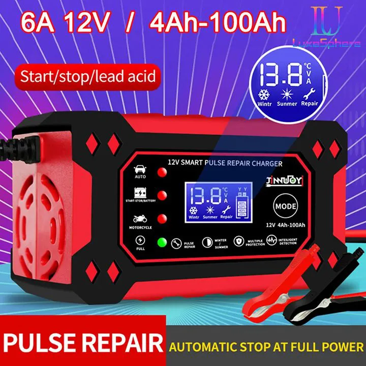 New Car Battery Charger Fully Automatic Intelligent Pulse Car Motorcycle Ship Battery Charger 6A 12V Pulse Repair LCD Display Smart Fast Charge AGM Deep Cycle GEL Lead-Acid Charger Fast Charging