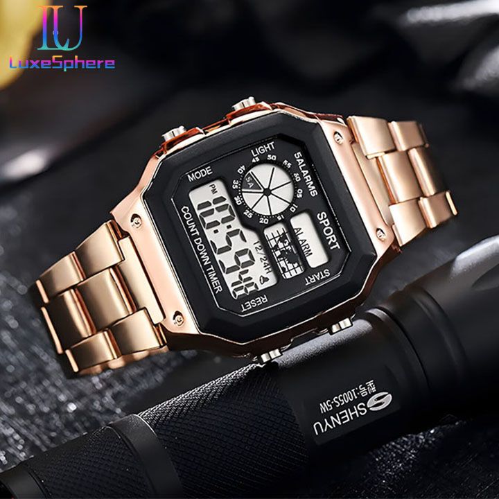 Digital Watch Luminous Men's Watch Led Watches Stainless Steel Belt Strap Business Watches Square Watches Countdown Sport Watches Life Waterproof Electronic Wristwatch for Men Gift