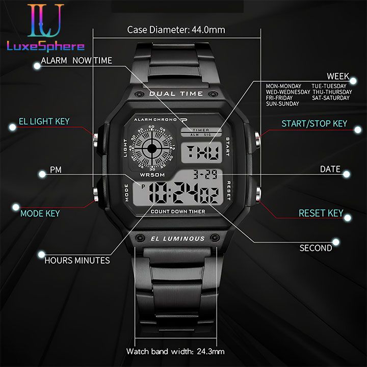 Digital Watch Luminous Men's Watch Led Watches Stainless Steel Belt Strap Business Watches Square Watches Countdown Sport Watches Life Waterproof Electronic Wristwatch for Men Gift