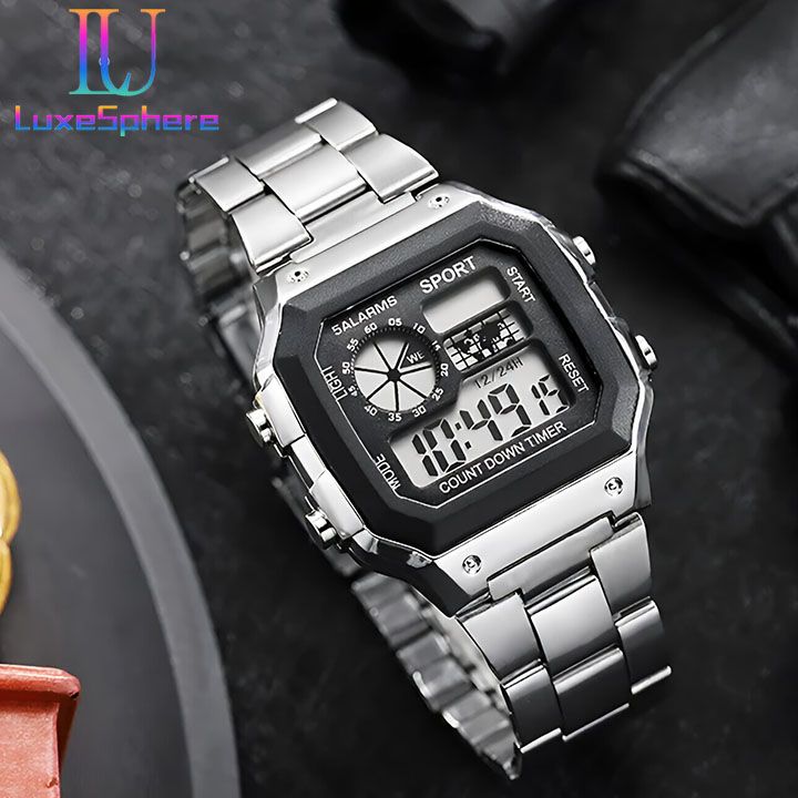 Digital Watch Luminous Men's Watch Led Watches Stainless Steel Belt Strap Business Watches Square Watches Countdown Sport Watches Life Waterproof Electronic Wristwatch for Men Gift
