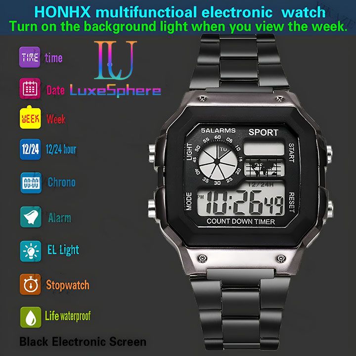Digital Watch Luminous Men's Watch Led Watches Stainless Steel Belt Strap Business Watches Square Watches Countdown Sport Watches Life Waterproof Electronic Wristwatch for Men Gift