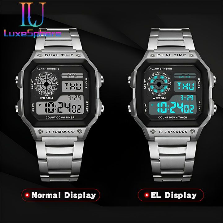 Digital Watch Luminous Men's Watch Led Watches Stainless Steel Belt Strap Business Watches Square Watches Countdown Sport Watches Life Waterproof Electronic Wristwatch for Men Gift