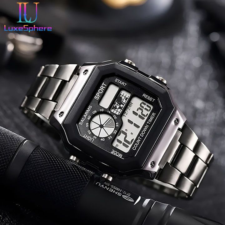 Digital Watch Luminous Men's Watch Led Watches Stainless Steel Belt Strap Business Watches Square Watches Countdown Sport Watches Life Waterproof Electronic Wristwatch for Men Gift