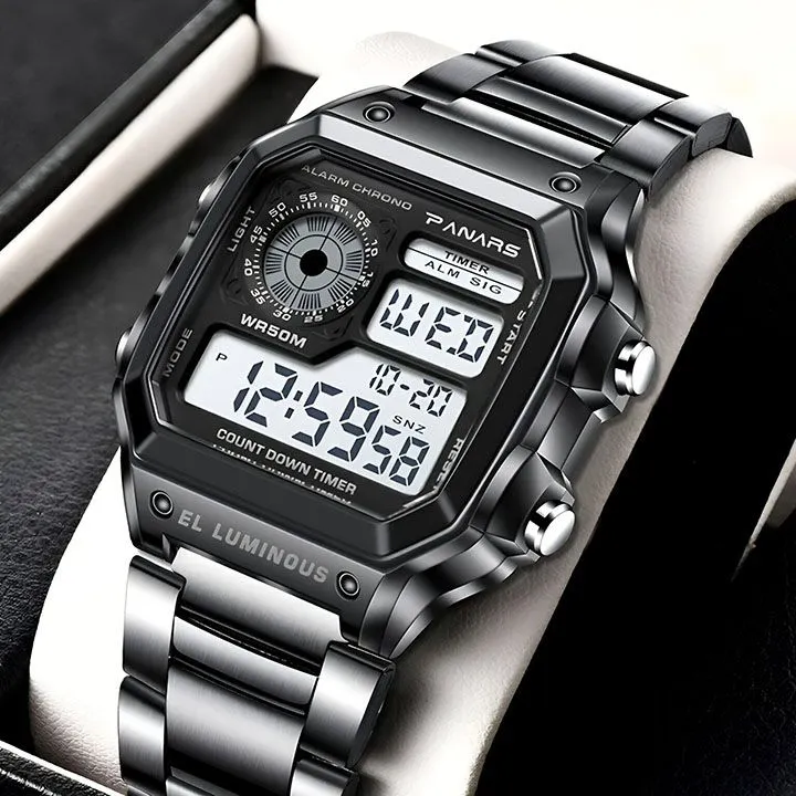 Digital Watch Luminous Men's Watch Led Watches Stainless Steel Belt Strap Business Watches Square Watches Countdown Sport Watches Life Waterproof Electronic Wristwatch for Men Gift
