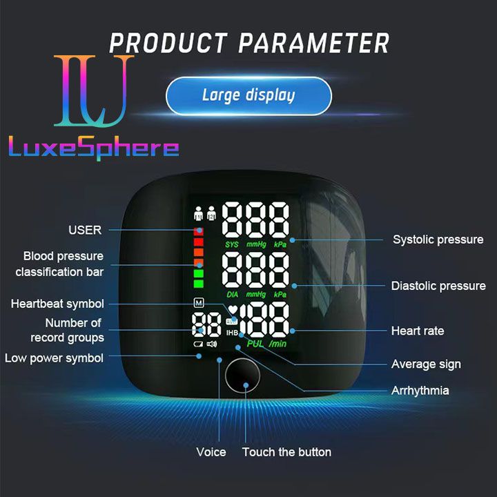 Blood Pressure Machine Digital Wrist Blood Pressure Monitors Automatic Voice Tonometer Heart Rate Monitor Smart Touch LCD Screen Charge Sphygmomanometer Health Monitors