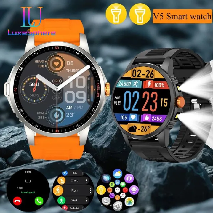 Outdoor Sport Smart Watch Men V5 Fitness Bracelet Smartwatches With LED Flashlight Heart Rate Blood Oxygen Blood Pressure Health Monitoring Touch Screen Waterproof Watches Bluetooth Call Wrist Watch