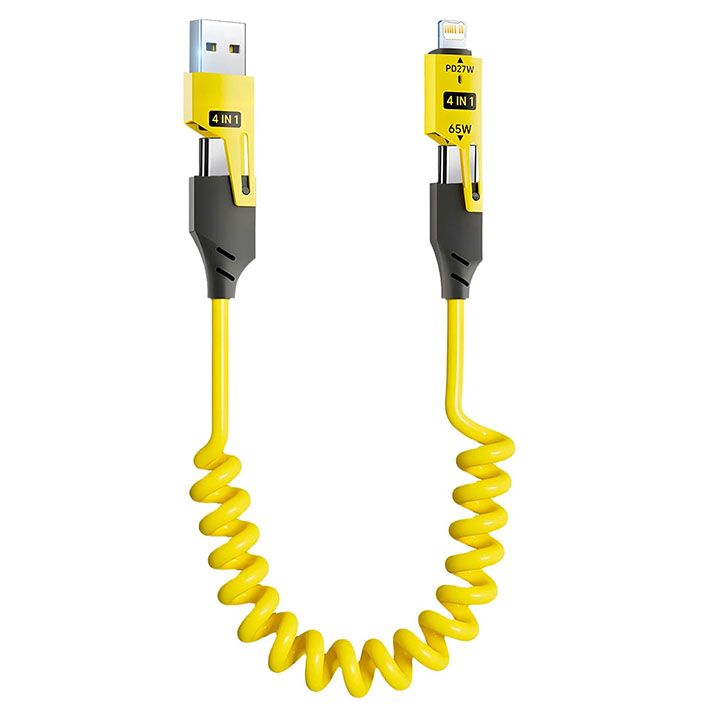 65W Quick Charger Spring USB Cable 4 in 1 Spring Data Cable 6A USB Type C Spring Telescopic Wire for IPhone Xiaomi Tecno Huawei Samsung Charger Liquid Silicon Type-C Micro Lighting Charging Cable