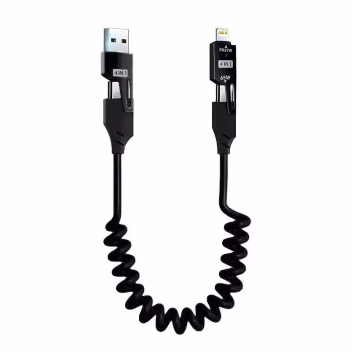 65W Quick Charger Spring USB Cable 4 in 1 Spring Data Cable 6A USB Type C Spring Telescopic Wire for IPhone Xiaomi Tecno Huawei Samsung Charger Liquid Silicon Type-C Micro Lighting Charging Cable