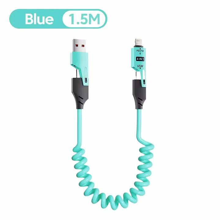 65W Quick Charger Spring USB Cable 4 in 1 Spring Data Cable 6A USB Type C Spring Telescopic Wire for IPhone Xiaomi Tecno Huawei Samsung Charger Liquid Silicon Type-C Micro Lighting Charging Cable