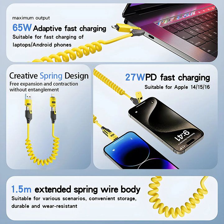 65W Quick Charger Spring USB Cable 4 in 1 Spring Data Cable 6A USB Type C Spring Telescopic Wire for IPhone Xiaomi Tecno Huawei Samsung Charger Liquid Silicon Type-C Micro Lighting Charging Cable