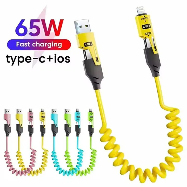 65W Quick Charger Spring USB Cable 4 in 1 Spring Data Cable 6A USB Type C Spring Telescopic Wire for IPhone Xiaomi Tecno Huawei Samsung Charger Liquid Silicon Type-C Micro Lighting Charging Cable