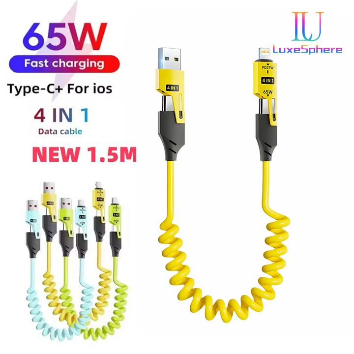 65W Quick Charger Spring USB Cable 4 in 1 Spring Data Cable 6A USB Type C Spring Telescopic Wire for IPhone Xiaomi Tecno Huawei Samsung Charger Liquid Silicon Type-C Micro Lighting Charging Cable
