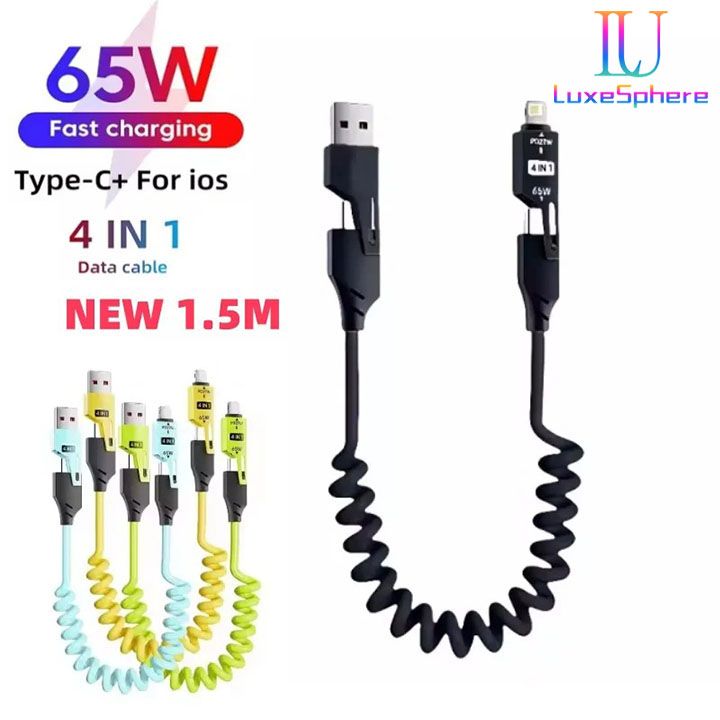 65W Quick Charger Spring USB Cable 4 in 1 Spring Data Cable 6A USB Type C Spring Telescopic Wire for IPhone Xiaomi Tecno Huawei Samsung Charger Liquid Silicon Type-C Micro Lighting Charging Cable