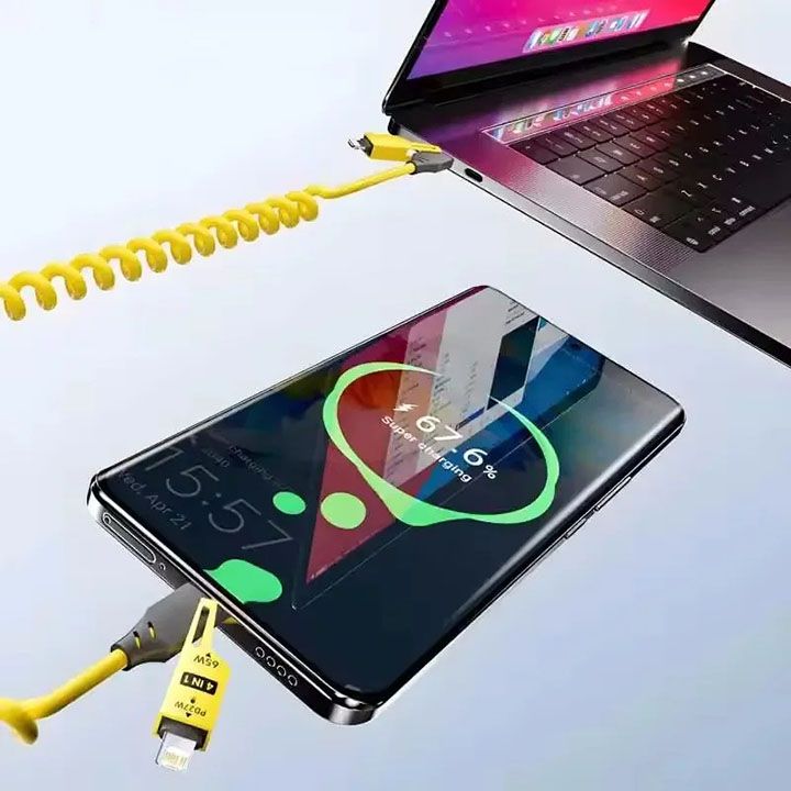 65W Quick Charger Spring USB Cable 4 in 1 Spring Data Cable 6A USB Type C Spring Telescopic Wire for IPhone Xiaomi Tecno Huawei Samsung Charger Liquid Silicon Type-C Micro Lighting Charging Cable