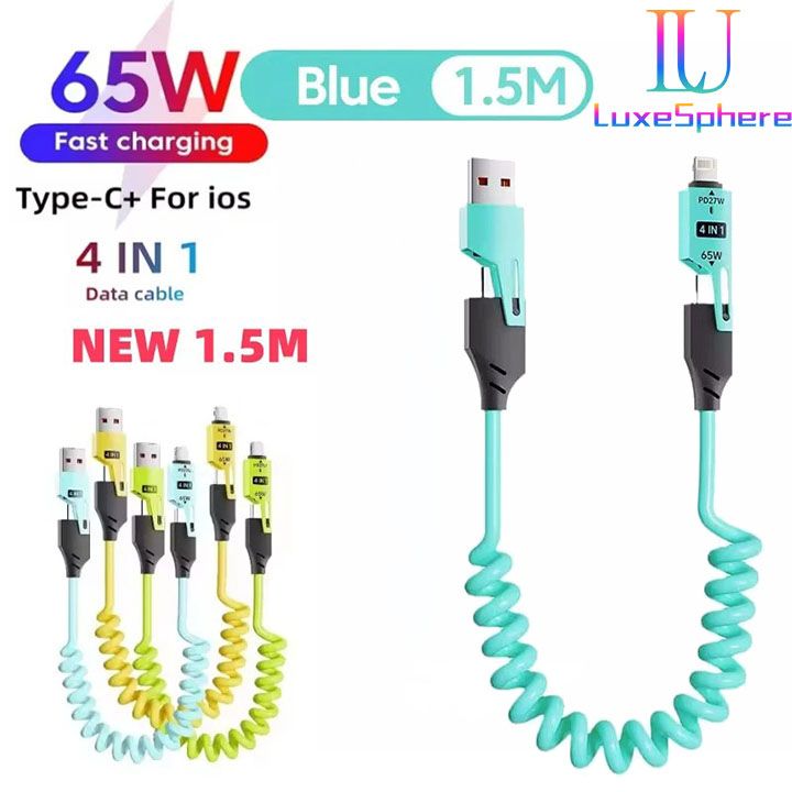 65W Quick Charger Spring USB Cable 4 in 1 Spring Data Cable 6A USB Type C Spring Telescopic Wire for IPhone Xiaomi Tecno Huawei Samsung Charger Liquid Silicon Type-C Micro Lighting Charging Cable