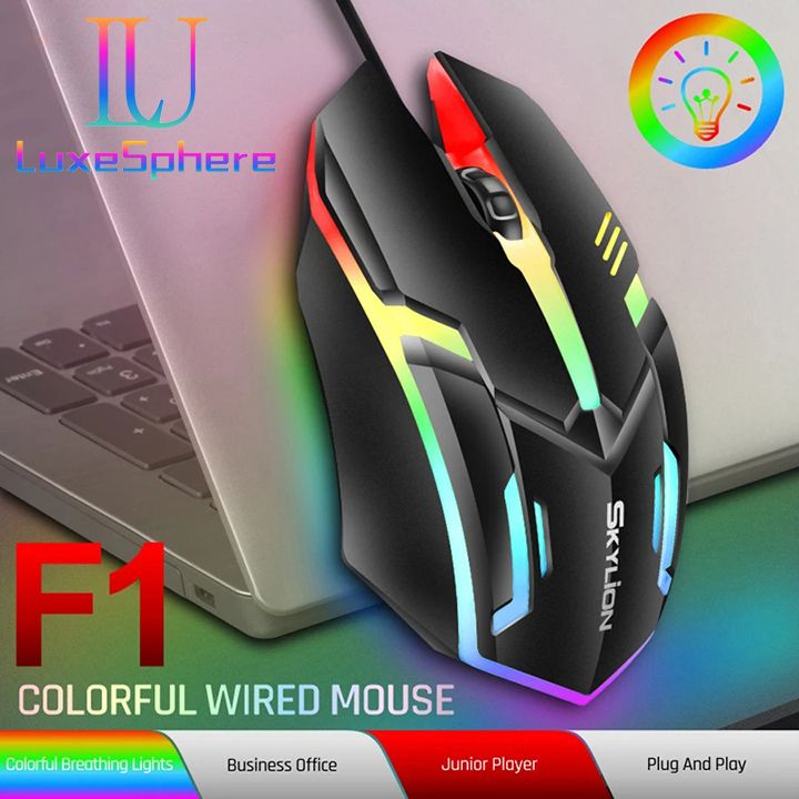 F1 Wired 3 Keys Mouse Colorful Lighting Gaming and Office For Microsoft Windows and Apple IOS System