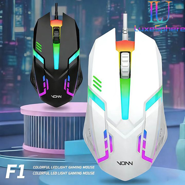 F1 Wired 3 Keys Mouse Colorful Lighting Gaming and Office For Microsoft Windows and Apple IOS System