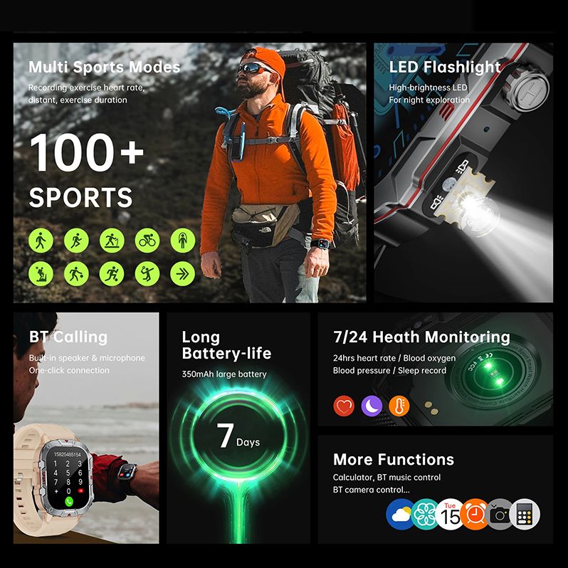 Military Smartwatches Outdoor Sports Smartwatch Fitness Tracker Health Monitor Smart Watch With LED Flashlight 2.01 Ultra Big Screen Bluetooth Calls Waterproof Shockproof Dust-Resistant
