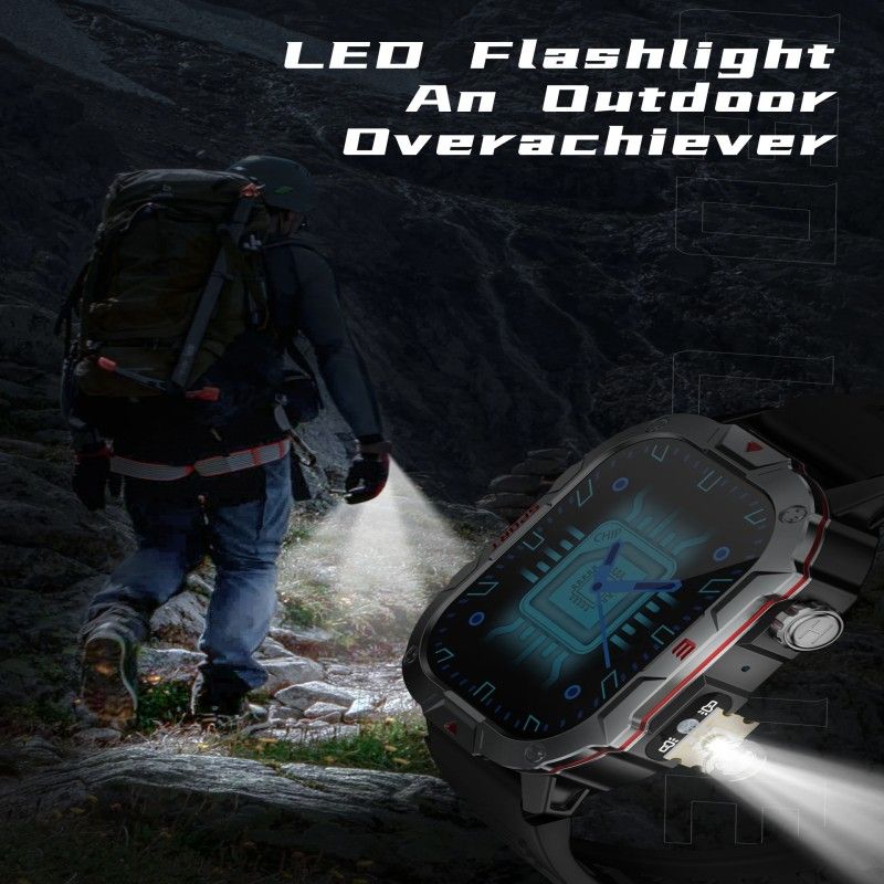 Military Smartwatches Outdoor Sports Smartwatch Fitness Tracker Health Monitor Smart Watch With LED Flashlight 2.01 Ultra Big Screen Bluetooth Calls Waterproof Shockproof Dust-Resistant