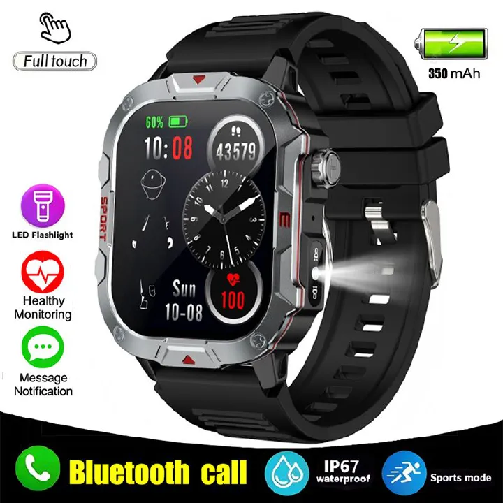 Military Smartwatches Outdoor Sports Smartwatch Fitness Tracker Health Monitor Smart Watch With LED Flashlight 2.01 Ultra Big Screen Bluetooth Calls Waterproof Shockproof Dust-Resistant