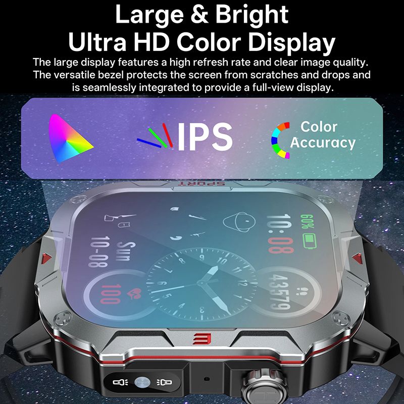 Military Smartwatches Outdoor Sports Smartwatch Fitness Tracker Health Monitor Smart Watch With LED Flashlight 2.01 Ultra Big Screen Bluetooth Calls Waterproof Shockproof Dust-Resistant