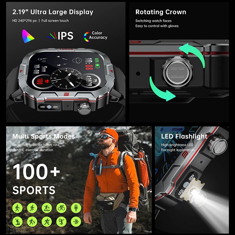 Military Smartwatches Outdoor Sports Smartwatch Fitness Tracker Health Monitor Smart Watch With LED Flashlight 2.01 Ultra Big Screen Bluetooth Calls Waterproof Shockproof Dust-Resistant