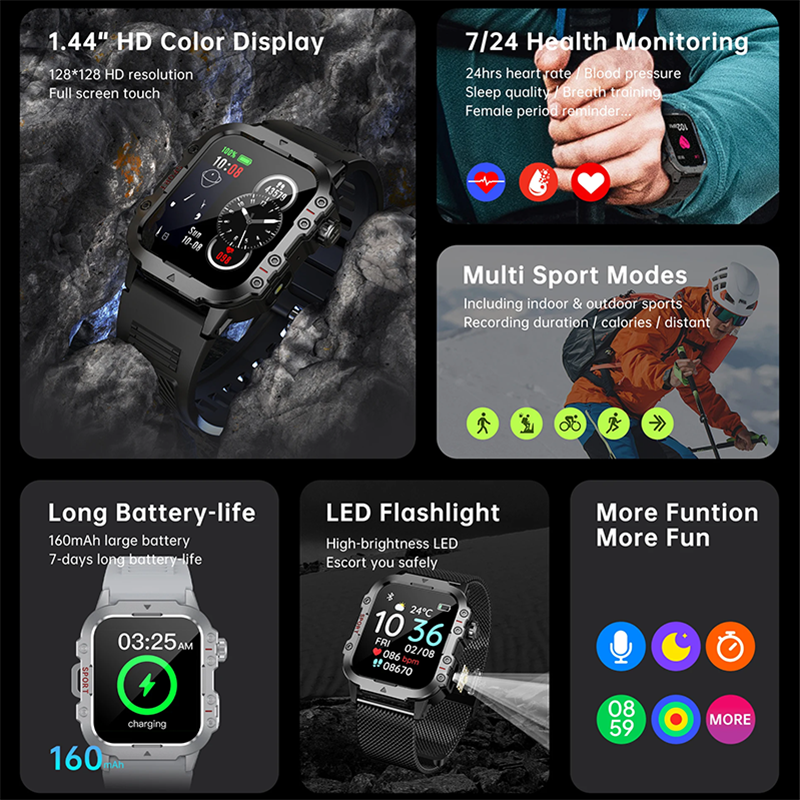 Military Smartwatches Outdoor Sports Smartwatch Fitness Tracker Health Monitor Smart Watch With LED Flashlight 2.01 Ultra Big Screen Bluetooth Calls Waterproof Shockproof Dust-Resistant