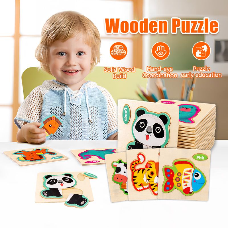 3D Wooden Puzzles Cartoon Animal Jigsaw Toys for Children Kids Education Stereo Wood Puzzles Block Early Educational Brain Teaser Toys