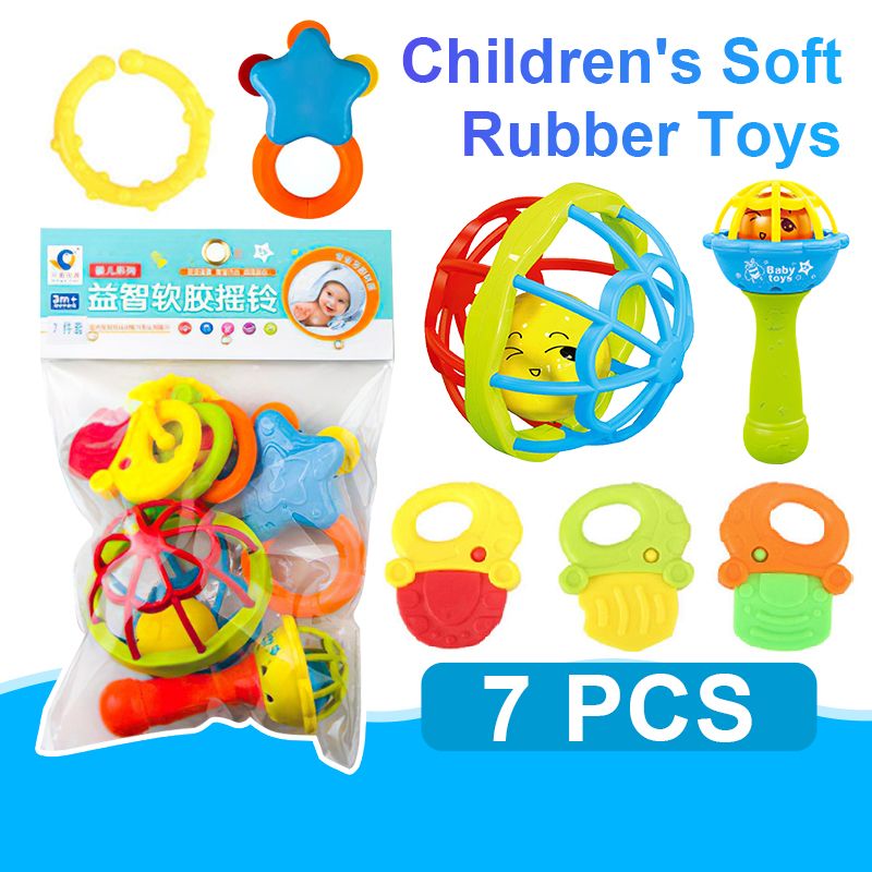 7pcs Baby Rattles Toys Set Infant Grab Shake Rattle Plastic Bells Bite The Soft Rubber Ball Shaking and Teether Toys Early Development Toy