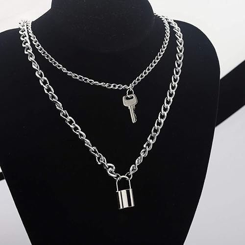 Lock Key Pendant Necklace Statement Long Chain Punk Multilayer Choker Necklace for Women Men