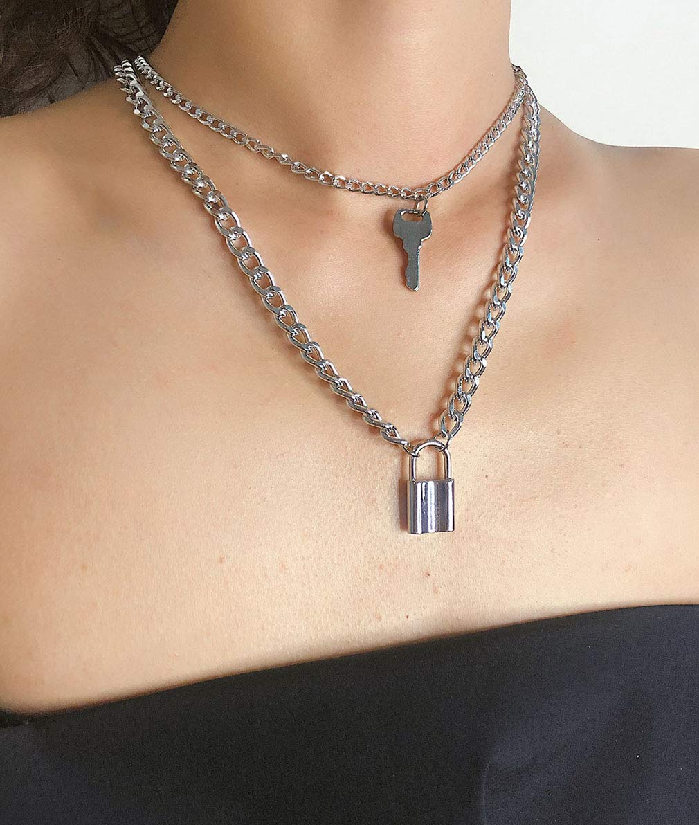 Lock Key Pendant Necklace Statement Long Chain Punk Multilayer Choker Necklace for Women Men