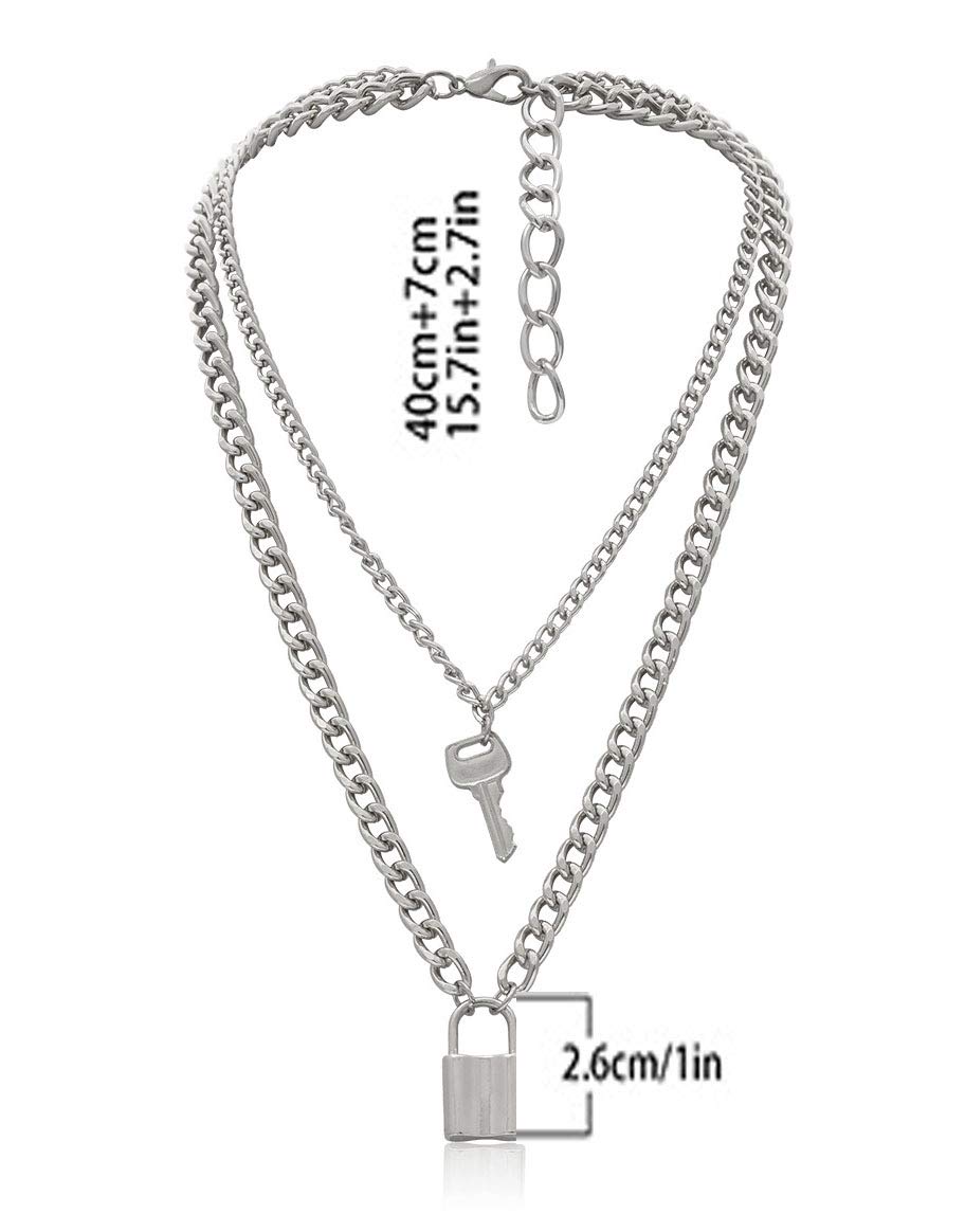 Lock Key Pendant Necklace Statement Long Chain Punk Multilayer Choker Necklace for Women Men