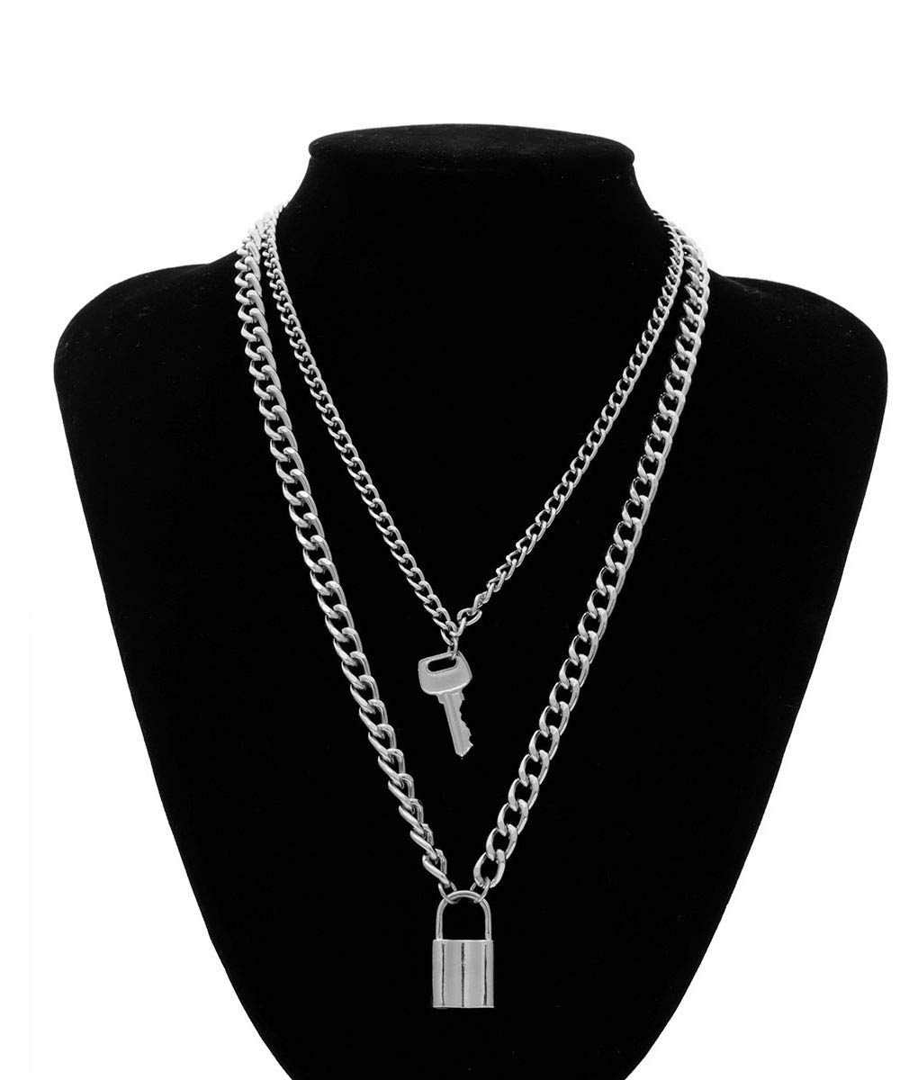 Lock Key Pendant Necklace Statement Long Chain Punk Multilayer Choker Necklace for Women Men