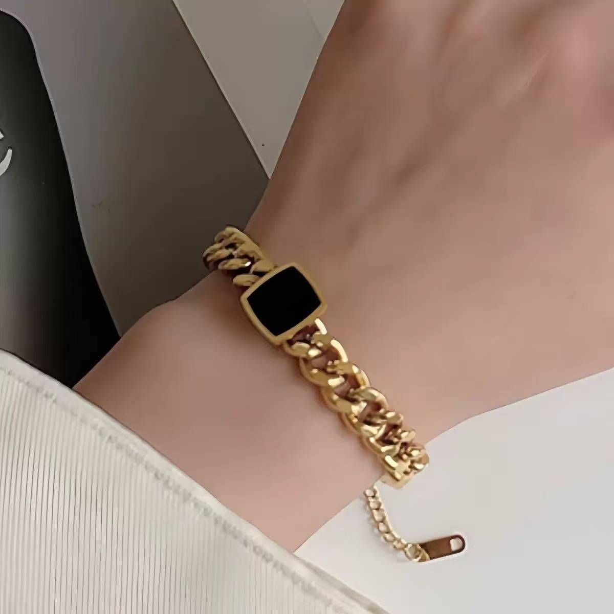 Jewelry Bracelet Exquisite Diamond Thick Titanium Steel Gold Bracelet Not Easy to Rust with Extended Chain Black Gold Cube Cuban Chain Light Luxury Versatile Fashion Water Diamond Bracelet