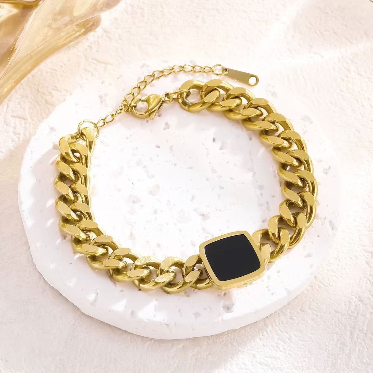 Jewelry Bracelet Exquisite Diamond Thick Titanium Steel Gold Bracelet Not Easy to Rust with Extended Chain Black Gold Cube Cuban Chain Light Luxury Versatile Fashion Water Diamond Bracelet