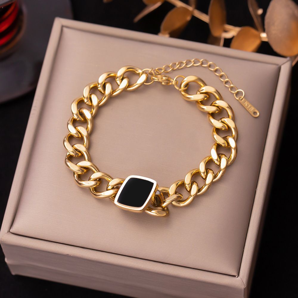 Jewelry Bracelet Exquisite Diamond Thick Titanium Steel Gold Bracelet Not Easy to Rust with Extended Chain Black Gold Cube Cuban Chain Light Luxury Versatile Fashion Water Diamond Bracelet