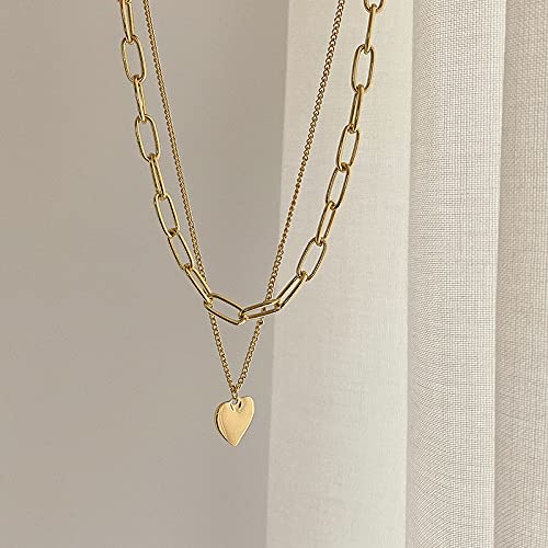 2 Layered Heart Pendant Necklace Gold Plated Paperclip And Cable Chain Stacked Choker For Women Dainty Layering Jewelry For Daily Dating Party And Casual Wear