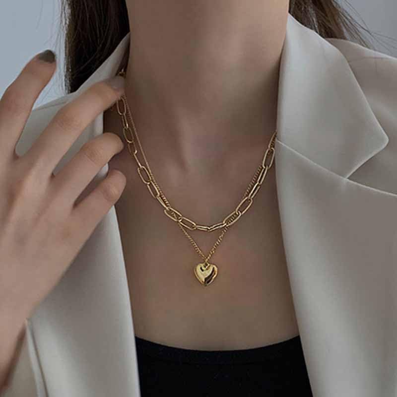 2 Layered Heart Pendant Necklace Gold Plated Paperclip And Cable Chain Stacked Choker For Women Dainty Layering Jewelry For Daily Dating Party And Casual Wear