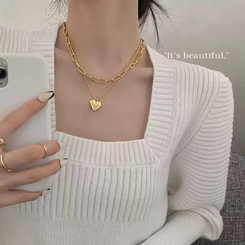 2 Layered Heart Pendant Necklace Gold Plated Paperclip And Cable Chain Stacked Choker For Women Dainty Layering Jewelry For Daily Dating Party And Casual Wear