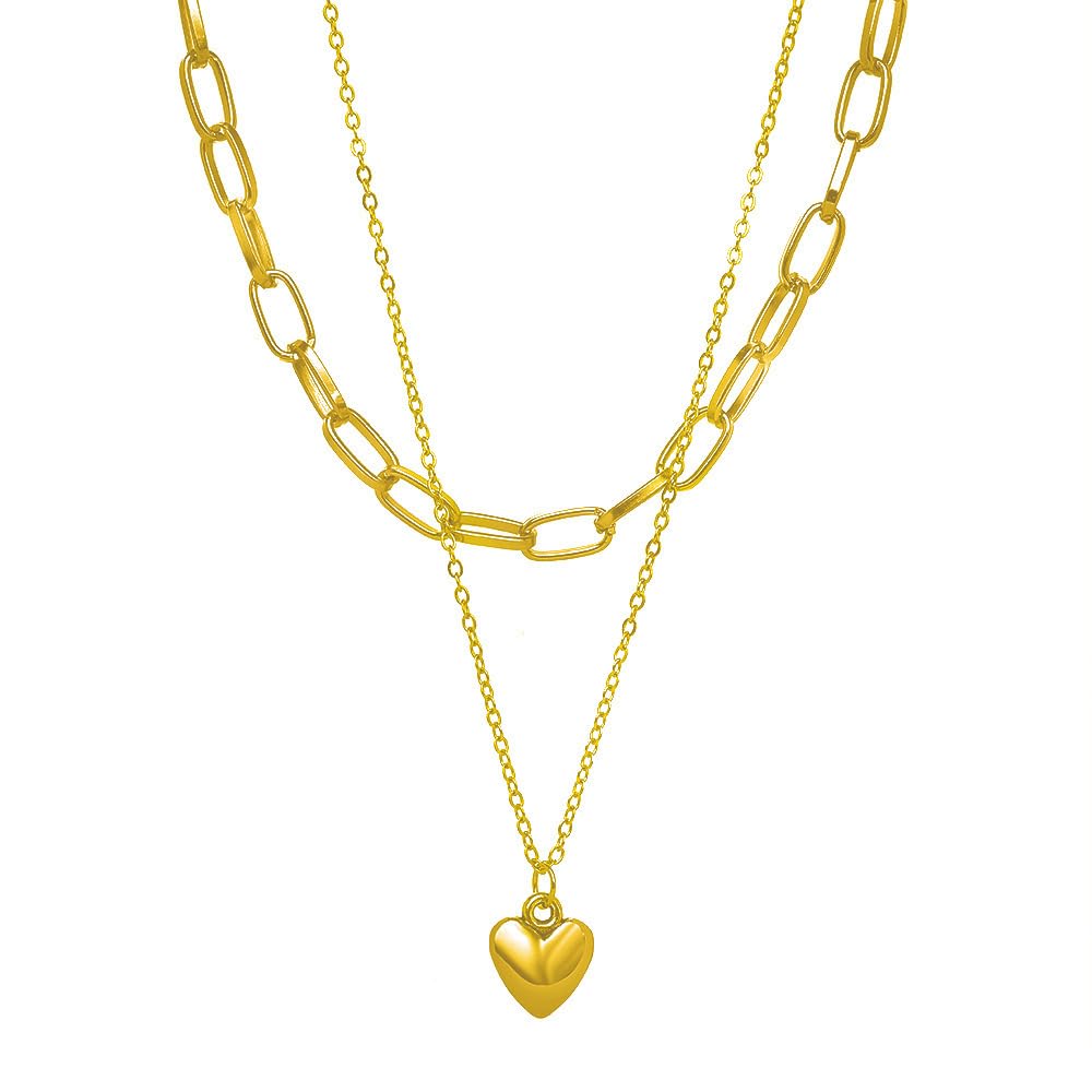 2 Layered Heart Pendant Necklace Gold Plated Paperclip And Cable Chain Stacked Choker For Women Dainty Layering Jewelry For Daily Dating Party And Casual Wear