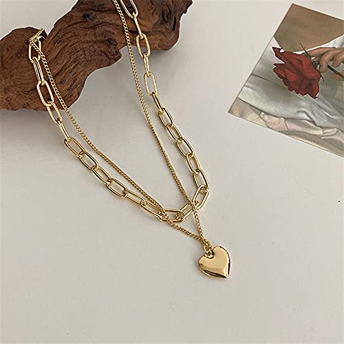 2 Layered Heart Pendant Necklace Gold Plated Paperclip And Cable Chain Stacked Choker For Women Dainty Layering Jewelry For Daily Dating Party And Casual Wear