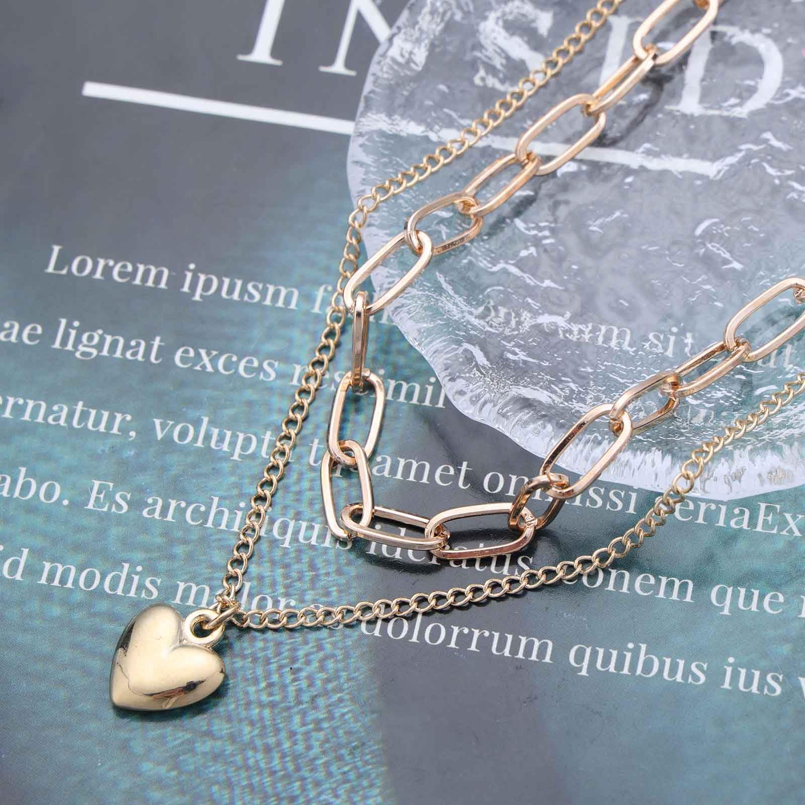 2 Layered Heart Pendant Necklace Gold Plated Paperclip And Cable Chain Stacked Choker For Women Dainty Layering Jewelry For Daily Dating Party And Casual Wear